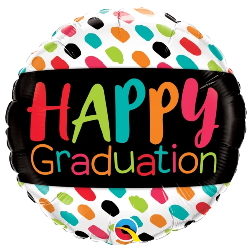 22cm Round Foil Happy Graduation Color Dabs #73676AF - Each (Inflated, supplied air-filled on stick)  