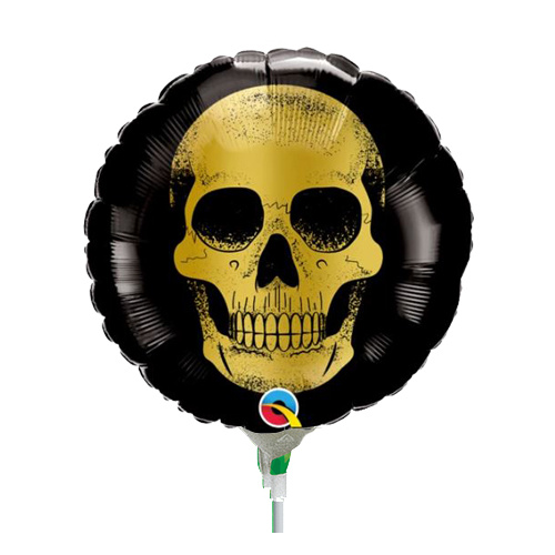 22cm Halloween Golden Skull Head Foil Balloon #89747AF - Each (Inflated, supplied air-filled on stick)