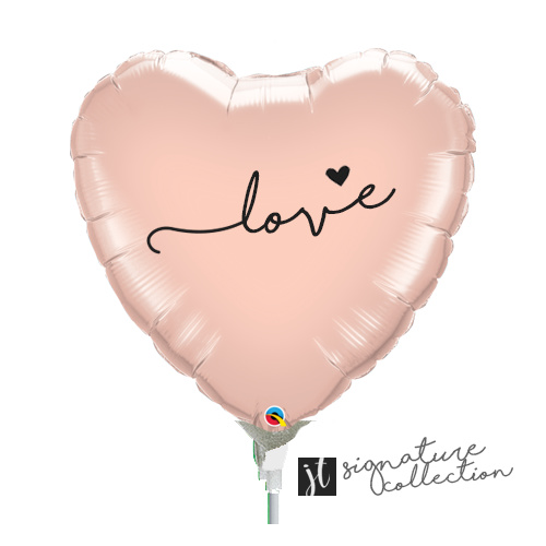 22cm Love Script Heart Rose Gold Foil Balloon #JT1020 (Inflated, supplied air-filled on stick) TEMPORARILY UNAVAILABLE