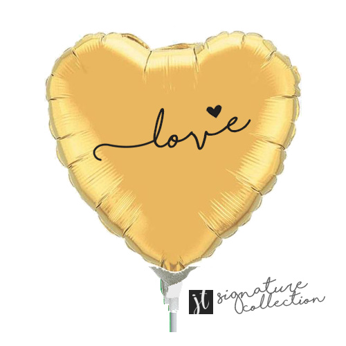 22cm Love Script Heart Gold Foil Balloon #JT1022 (Inflated, supplied air-filled on stick)