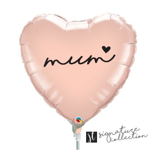 22cm Mum Script Heart Rose Gold Foil Balloon #JT1023 (Inflated, supplied air-filled on stick) TEMPORARILY UNAVAILABLE