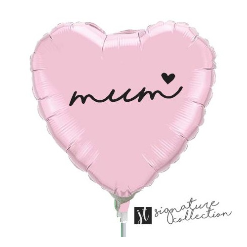 22cm Mum Script Heart Pearl Pink Foil Balloon #JT1024 (Inflated, supplied air-filled on stick) 