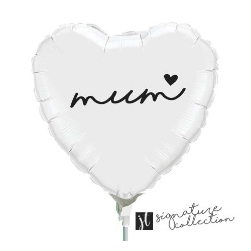 22cm Mum Script Heart White Foil Balloon #JT1026 (Inflated, supplied air-filled on stick) TEMPORARILY UNAVAILABLE