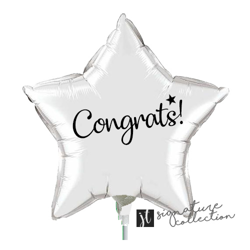 22cm Congrats Script Star Silver Foil Balloon #JT1028 (Inflated, supplied air-filled on stick)
