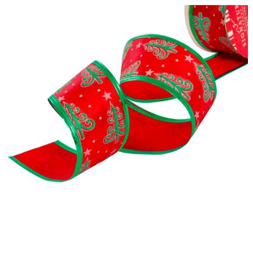 Christmas Ribbon Satin Xmas Tree Star Red Green Wired Edge (50mmx10m)  #KC2118506RE - Each