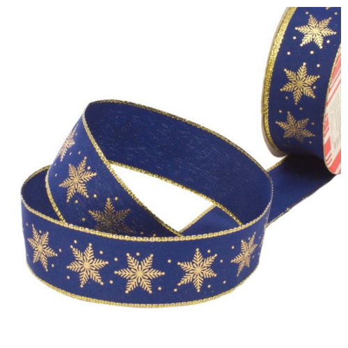 Christmas Ribbon Fabric Snowflake Hotstamp Navy Gold Wired (35mmx10m)  #KC2118523NVGO - Each