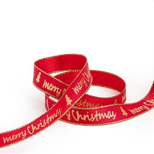 Christmas Ribbon Satin Merry Xmas Red Gold (15mmx20m) #KC2118611RE - Each