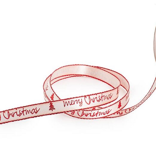 Christmas Ribbon Satin Merry Xmas White Red (10mmx20m) #KC2118611WH - Each