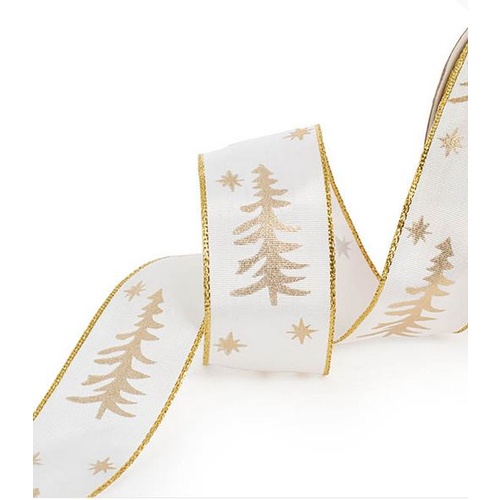 Christmas Ribbon Taffeta Xmas Tree White Gold Wire Edge (38mmx10m) #KC2118640GO - Each