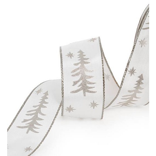 Christmas Ribbon Taffeta Xmas Tree White Silver Wire Edge (38mmx10m) #KC2118640SL - Each