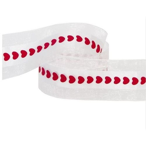 Ribbon Organza Satin Heart White 40mm x 20m #KC2199520WH - Each
