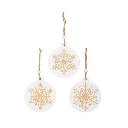 Christmas Wooden Hanging Decoration Set 9 White w Gold (11x11.5cmH)  #KC33009280WHGO - Each TEMPORARILY UNAVAILABLE